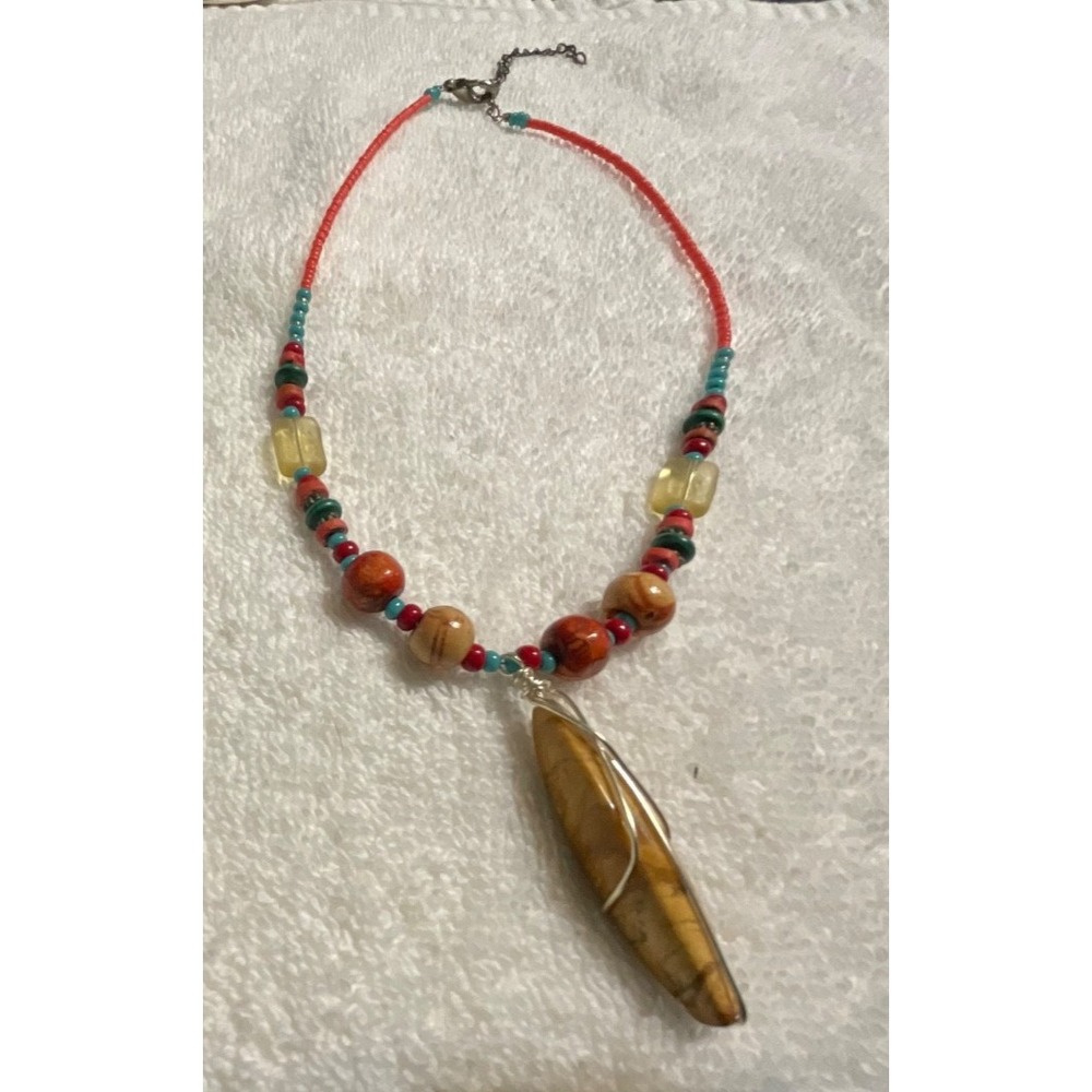 Chunky beaded with cabochon necklace 16 in Boho western artsy